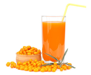 Sea buckthorn juice in glass isolated on white background