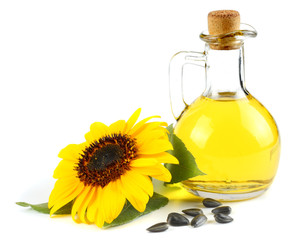 Sunflower oil, seeds and flower isolated on white background