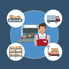 color background with circular frame of icons storage logistics and closeup delivery courier man with warehouse storage vector illustration