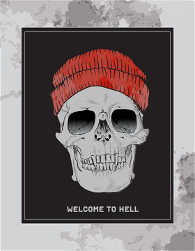 Welcome to Hell. Skull with hat and fangs on a black background.