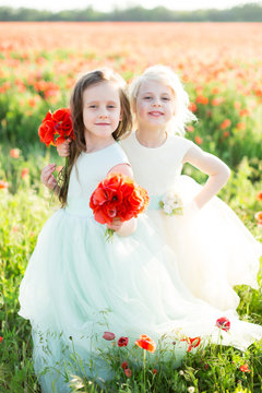 little girl model, childhood, fashion, wedding, summer concept - two lovely young girls in white and blue wedding dress posing with a bouquet of poppies in a sunny field of spring flowers