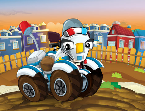 cartoon police motorbike like quad driving through the city - illustration for children © honeyflavour