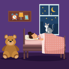 colorful scene girl sleep with blanket in bedroom vector illustration