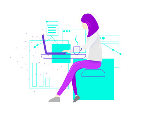 Woman at the desk is working on the laptop computer. Vector illustration in flat style