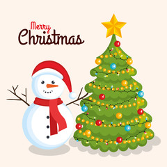 merry christmas cheerful snowman with pine tree decoration vector illustration