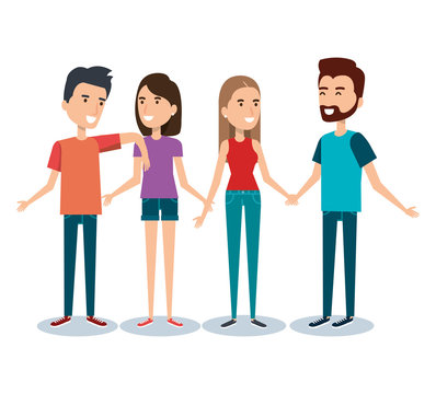 two couples of young people together cartoon style vector illustration
