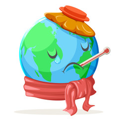 Heat Thermometer Ice Bag Ecology Sick Cold Sad Suffer Emotion Nature Earth Globe Character Icon Isolated Vector Illustration