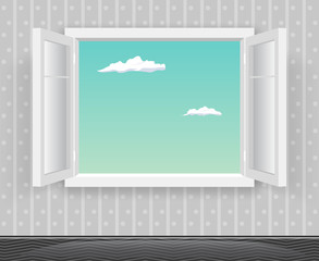 Open Glass Window Frame Cartoon Home Interior Design Template Background Vector Illustration