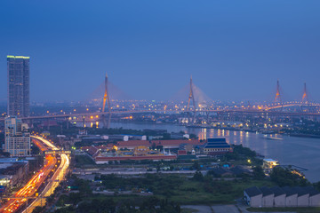 Naklejka premium Bhumibol bridge city skyline of Bangkok.