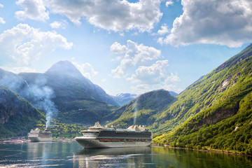 Cruise liners anchored at Geiranger fjord, Norway