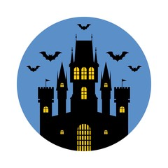 Halloween, silhouette of a fairytale castle. Vector illustration on blue background. 