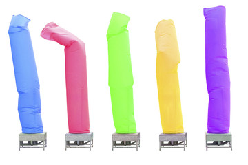 Collection of fan blowing balloons in advertising isolated on white background.