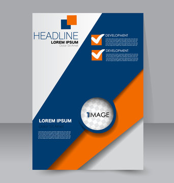 Business brochure template. Flyer design. Annual report cover. Booklet for education, advertisement, presentation, magazine page. a4 size vector illustration. Blue and orange color.