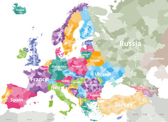 Naklejka premium wysoka szczegółowa kolorowa mapa polityczna Europy z regionami krajów. Wektor