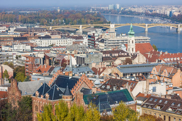 European landmarks. Panoramic view of Budapest with bell towers of the St. Anne's Church and Parliament , Hungary