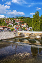 View of Latin bridge over Miljacka river in Sarajevo old town