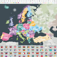 map of Europe colored by countries with regions borders. Flags of all european countries. Navigation, location and travel icons. All elements separated in labeled and detached layers. Vector