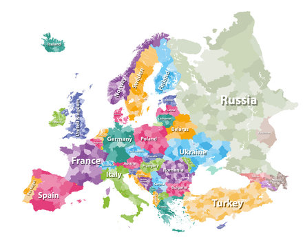 Europe colored political map with countries regions. Vector illustration