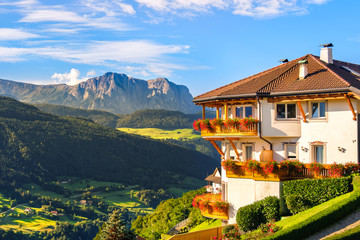 Alto Adige panoramic landscape italian dolomites panorama south tyrol cottage - obrazy, fototapety, plakaty