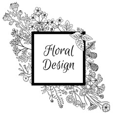 Frame decorated with hand drawn flowers in graphic style.