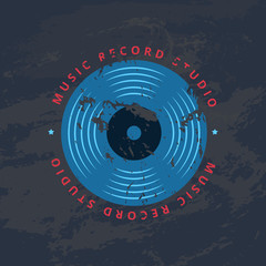 Retro sound record studio, vinyl music shop, club vector logo, badge with vinyl record