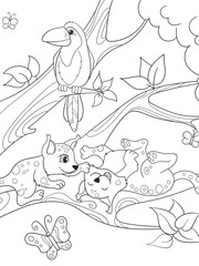 Fototapeta na wymiar Childrens coloring book cartoon family of leopards on nature.