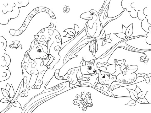 Childrens coloring book cartoon family of leopards on nature.