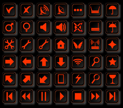 Black background isolated set of colored computer buttons desktop labels