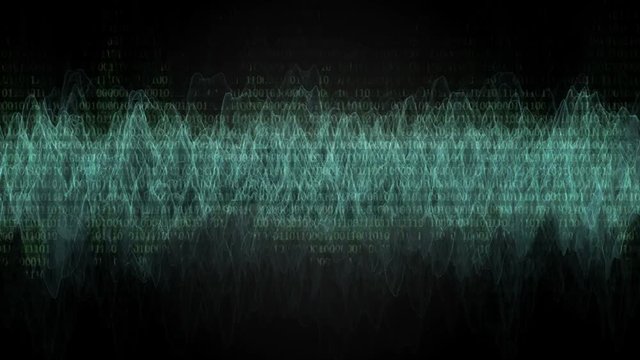 Waveform shows unknown frequency with hidden binary code.
Loop ready animation of moving digital wave.