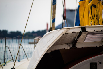 Vendée globe racing sailing ship in toulon harbor