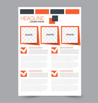 Flyer template. Business brochure or annual report cover. Editable A4 poster for design, education, presentation, website, magazine page. Vector illustration. Orange color.