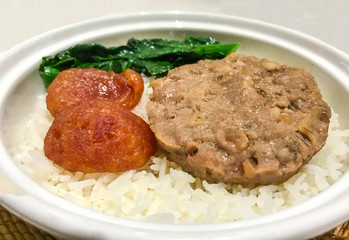 Asian Food, Steamed Minced Pork with Salted Fish and Chinese sweet sausage in Chinese Style on jasmine rice