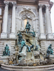 Fototapeta na wymiar Alajos Strobl’s Neo-Baroque masterpiece: Matthias Fountain, a monumental fountain group in the western forecourt of Buda Castle, Budapest, Hungary, Europe