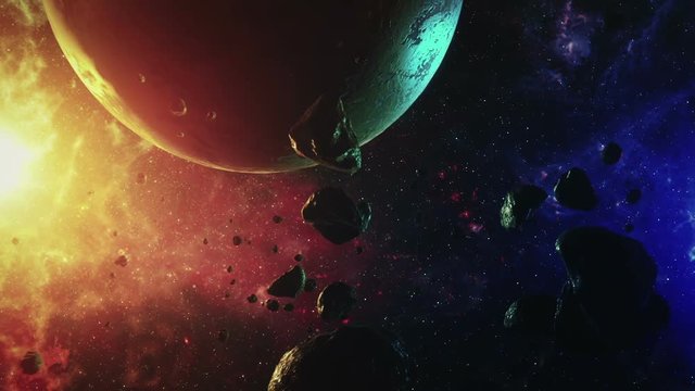 Flying in colorful cosmic space among the stars of planets and asteroids