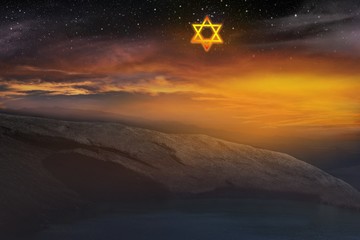  Religion background . Light in dark sky . beautiful cloud . David star on sky . © yaalan