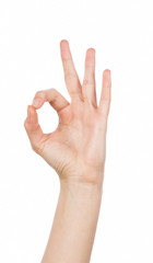 Woman hand in ok sign on a white isolated background.