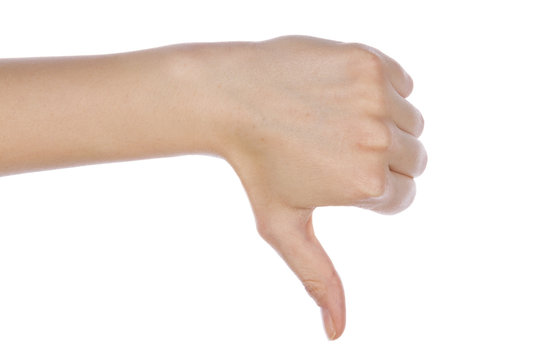Girl hand showing thumb down failure hand sign gesture. Gestures and signs. Body language on white background.