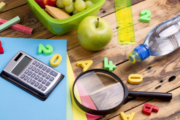 Back to school. Set of school objects and breakfast