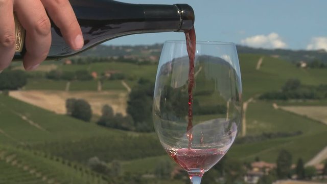 Pouring red wine into a glass with beautiful green vineyards in the background in Northern Italy