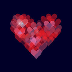 Blurred Vector Romantic Background with Heart shapes and light flashes or sparkles.