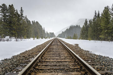 Railway through the Mountains during a Heavy Snowfall