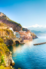 Fototapeta Morning view of Amalfi cityscape on coast line of mediterranean sea, Italy
 obraz