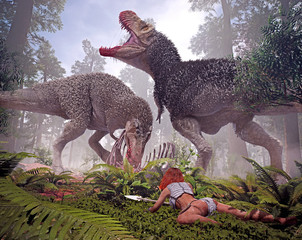 A 3D rendering of a primitive cave woman sneaking up on two Tyrannosaurs eating from a carcass.