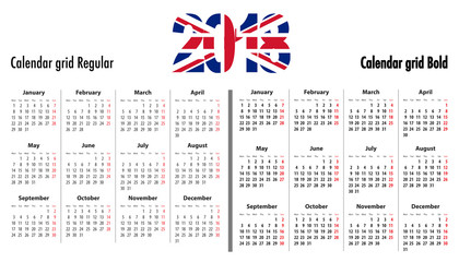 Calendar grid for 2018 with UK flag colors on 2018 digits