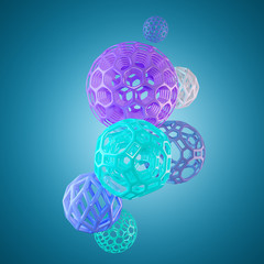 Abstract illustration of 3d wire balls on blue backdrop