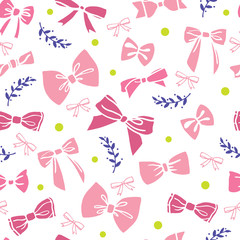 Seamless pattern with pink bows and twigs on white background.