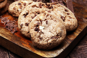 Chocolate chip cookies on table freshly baked