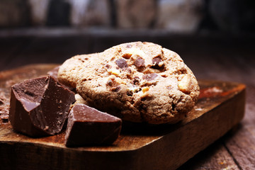 Chocolate chip cookies on table freshly baked