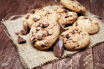 Chocolate chip cookies on table freshly baked
