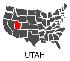 Bordering map of USA with State of Utah marked with red color.